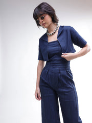 Women Navy Denim Jumpsuit With Crop Jacket