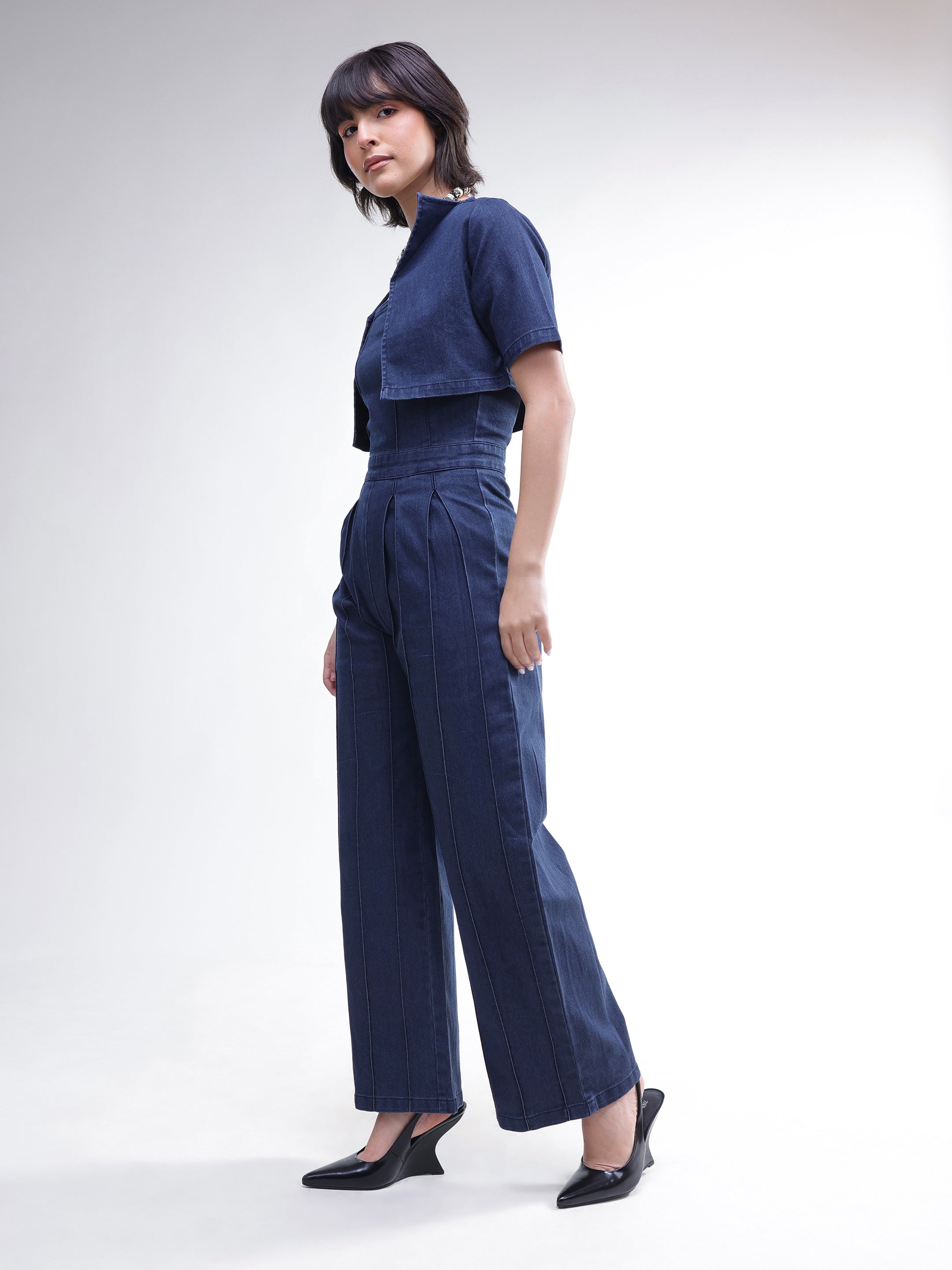 DesiQlo Navy Denim Jumpsuit With Crop Jacket - Navy Blue