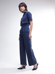 Women Navy Denim Jumpsuit With Crop Jacket