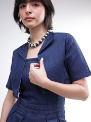 Women Navy Denim Jumpsuit With Crop Jacket