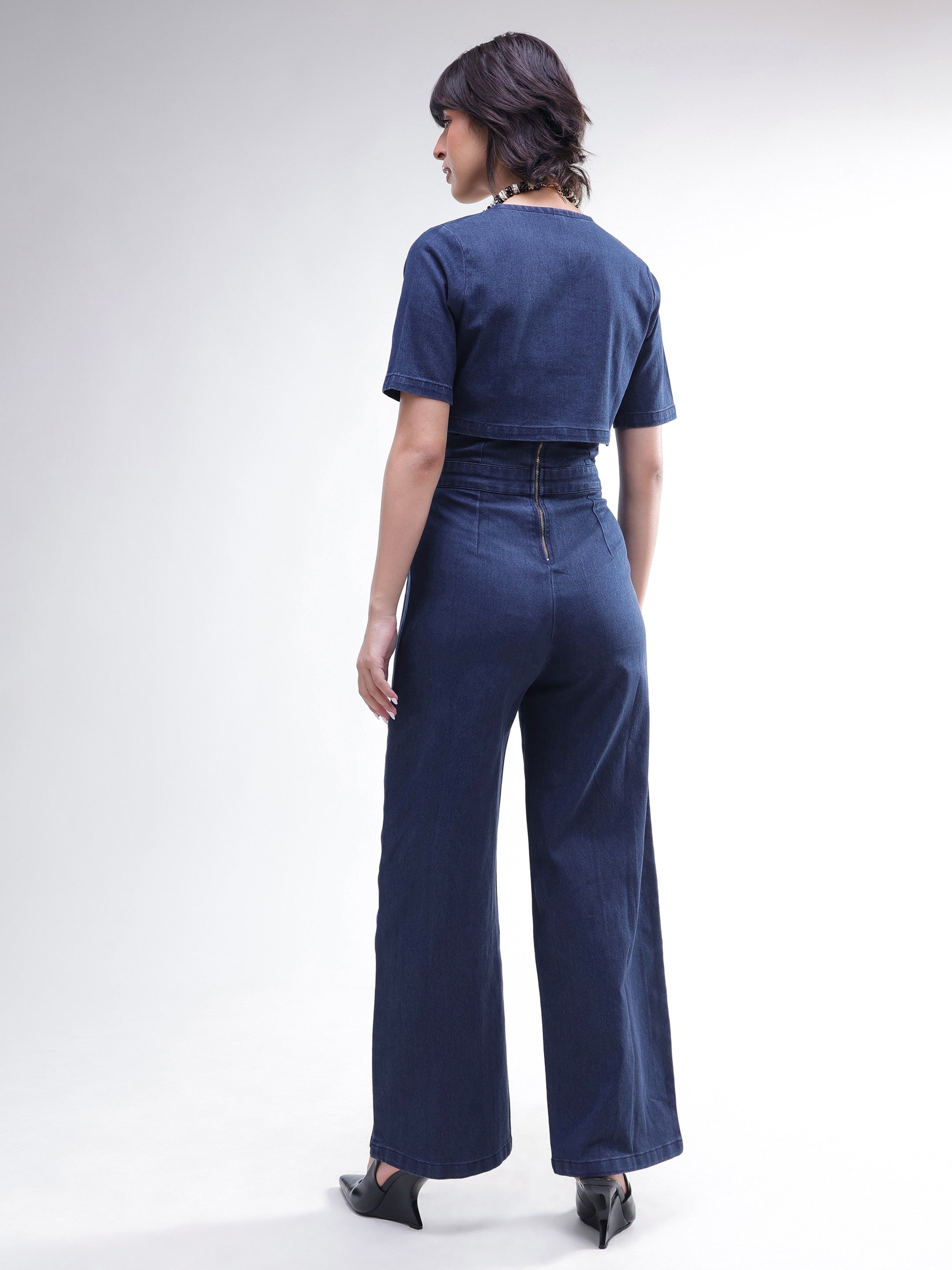 DesiQlo Navy Denim Jumpsuit With Crop Jacket - Navy Blue