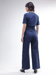 Women Navy Denim Jumpsuit With Crop Jacket