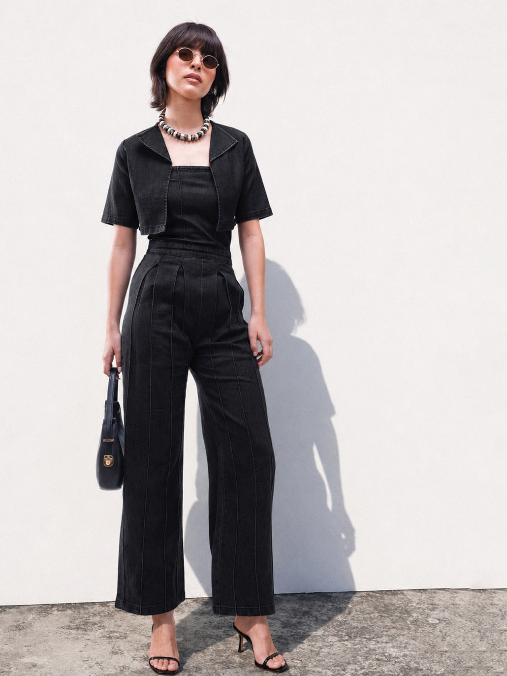 DesiQlo Black Denim Jumpsuit With Crop Jacket - Black