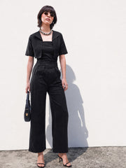 Women Black Denim Jumpsuit With Crop Jacket
