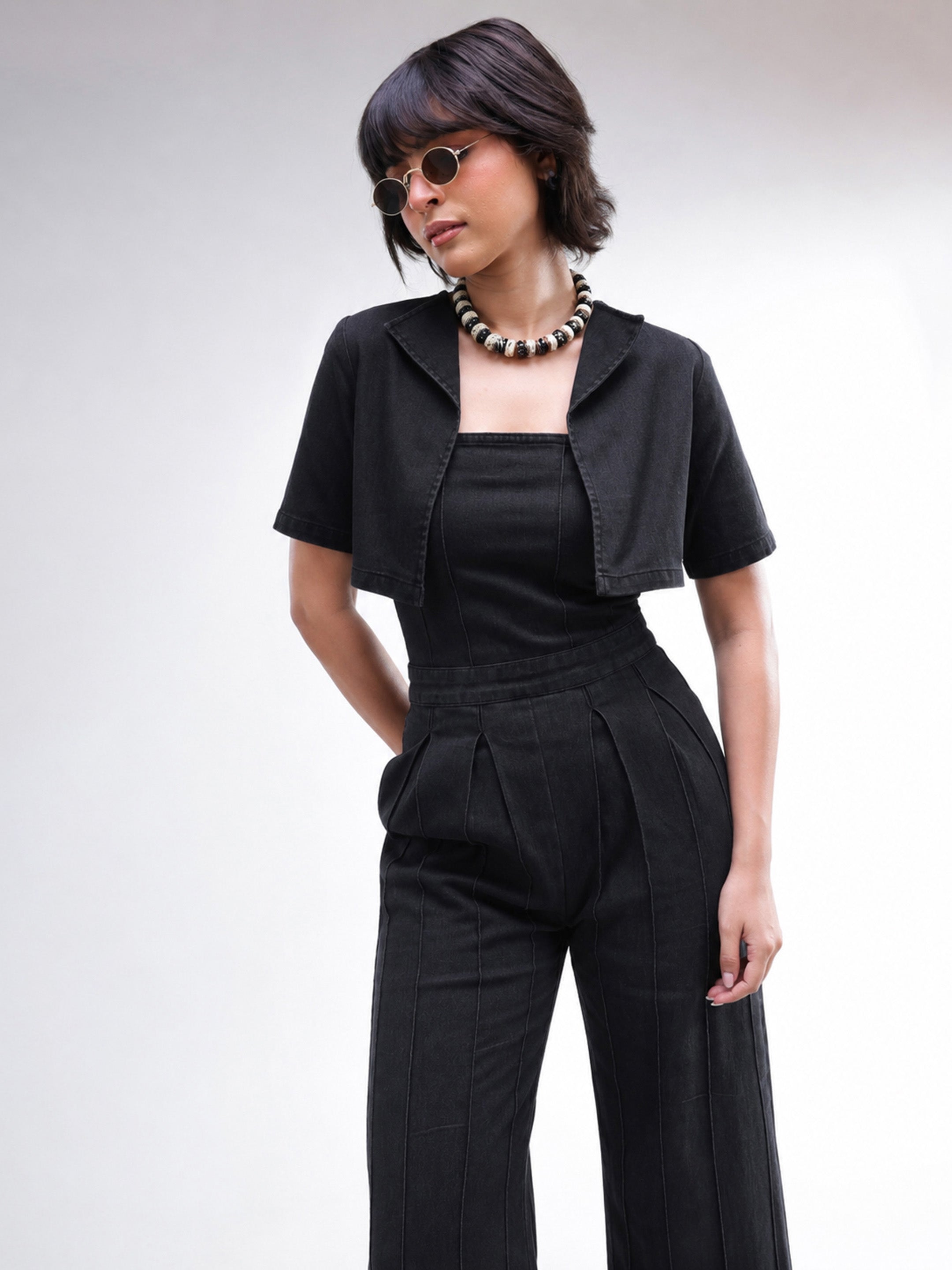 DesiQlo Black Denim Jumpsuit With Crop Jacket - Black