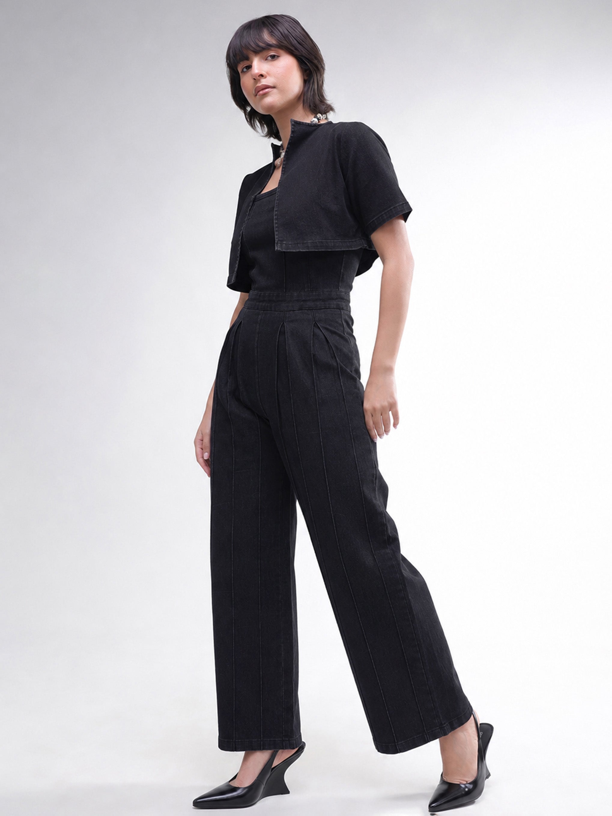 DesiQlo Black Denim Jumpsuit With Crop Jacket - Black