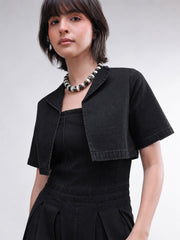 Women Black Denim Jumpsuit With Crop Jacket