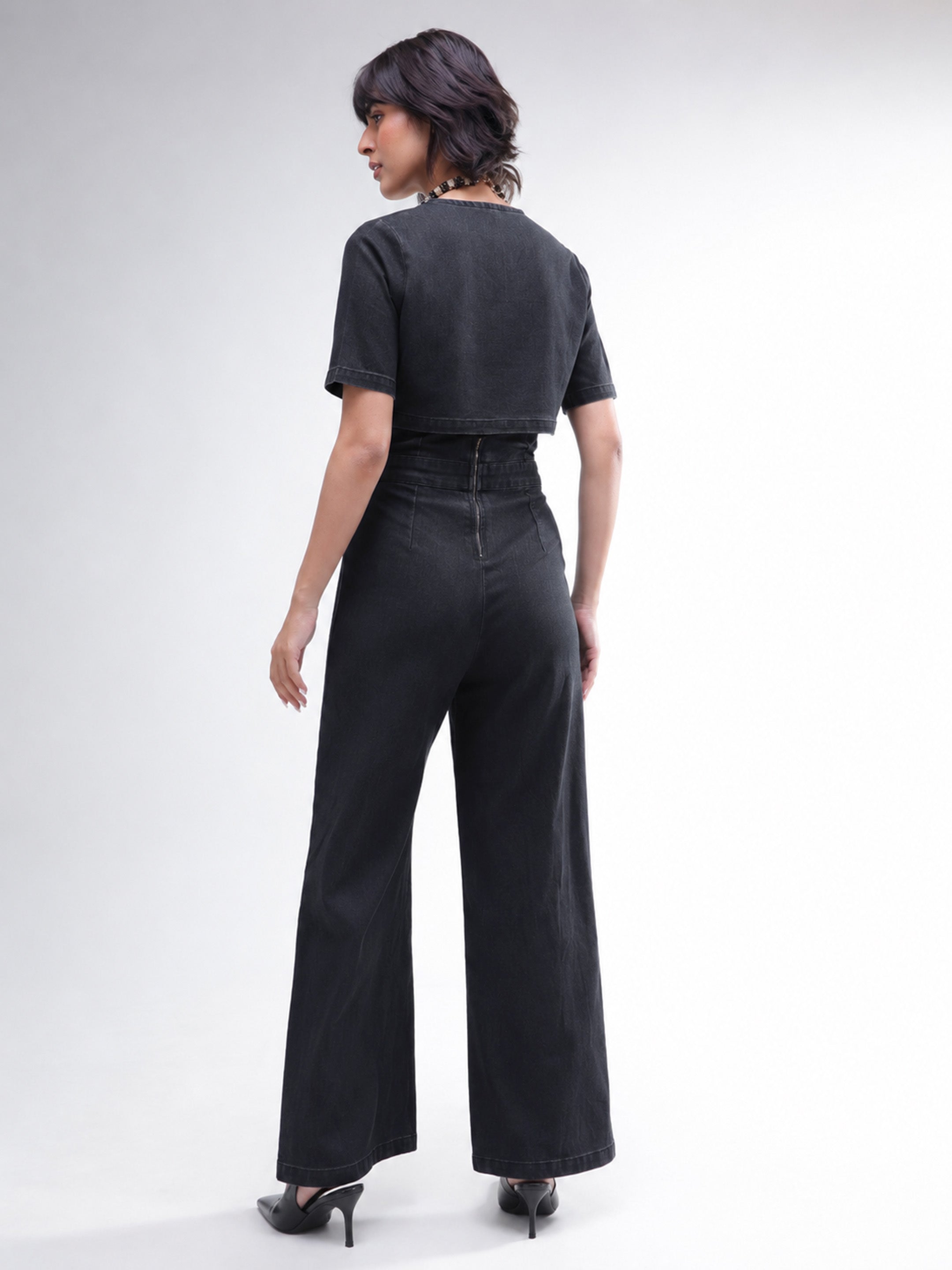 DesiQlo Black Denim Jumpsuit With Crop Jacket - Black