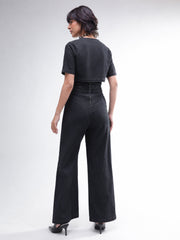 Women Black Denim Jumpsuit With Crop Jacket
