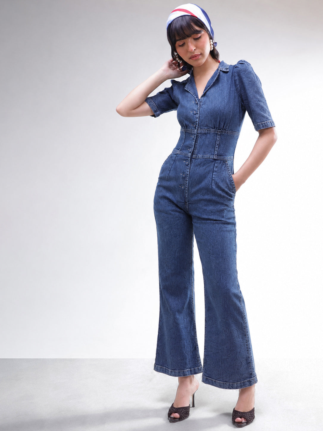 DesiQlo Blue Washed Denim Button Down Jumpsuit - Blue
