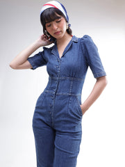 Women Blue Washed Denim Button Down Jumpsuit