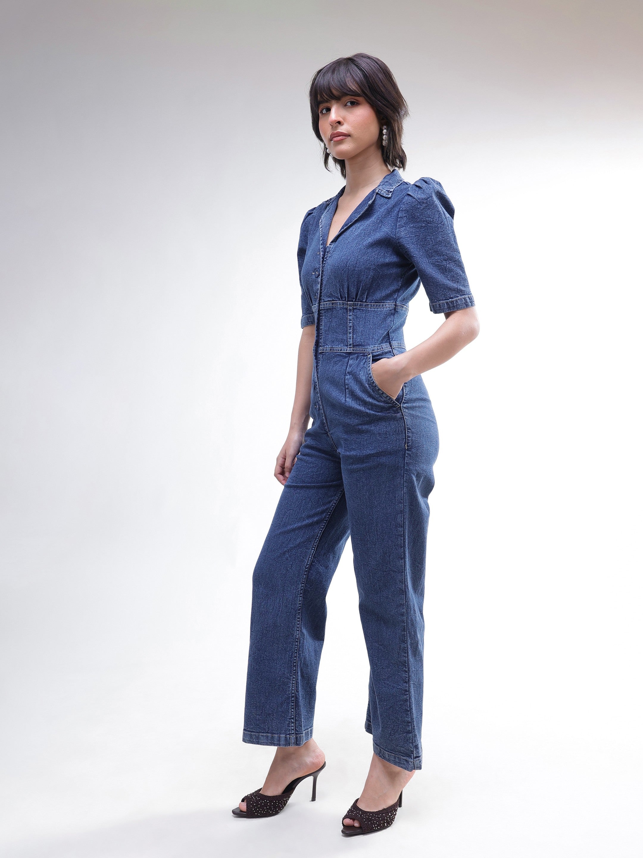 DesiQlo Blue Washed Denim Button Down Jumpsuit - Blue