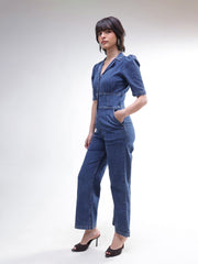 Women Blue Washed Denim Button Down Jumpsuit