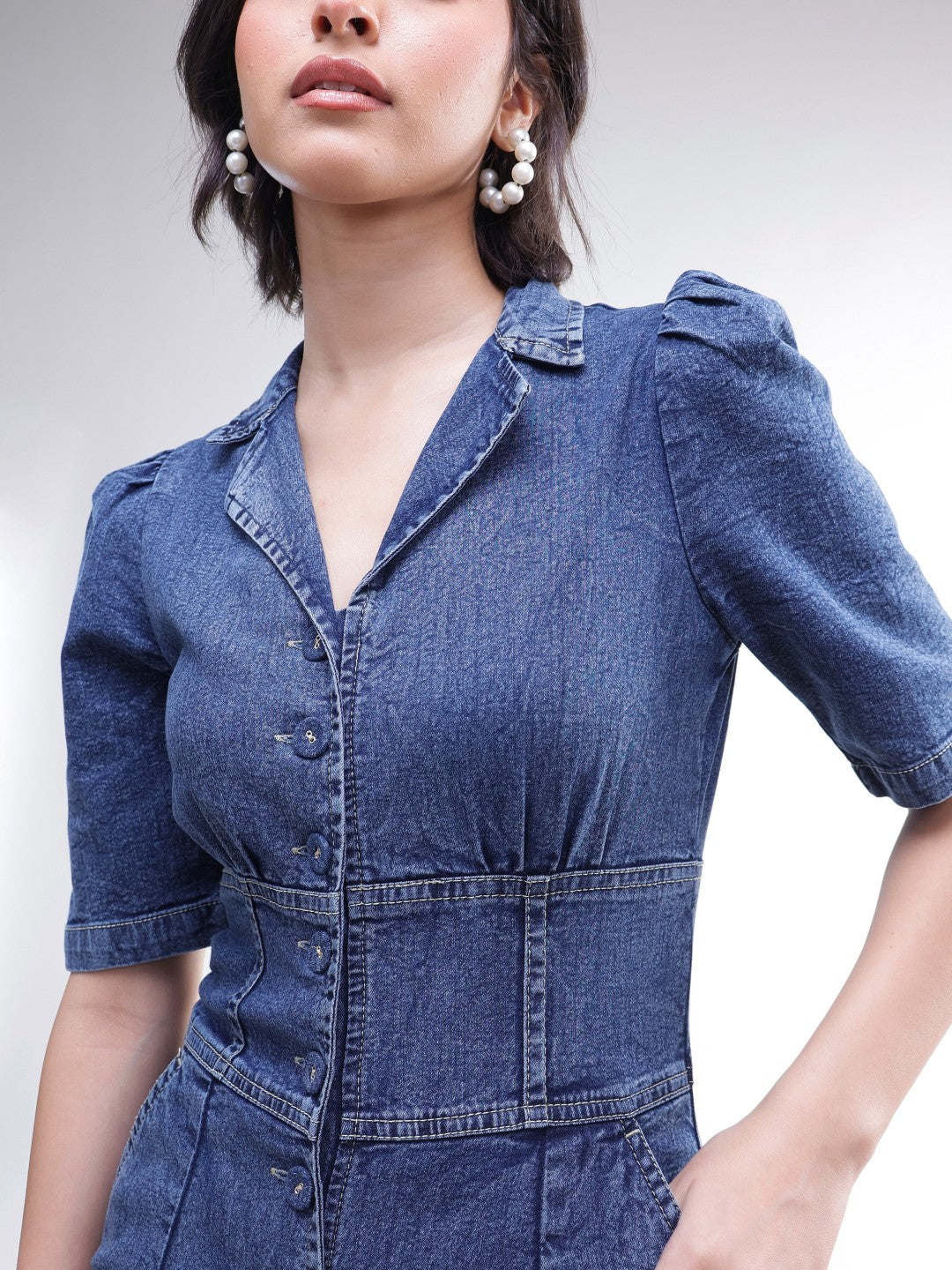 DesiQlo Blue Washed Denim Button Down Jumpsuit - Blue