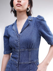 Women Blue Washed Denim Button Down Jumpsuit