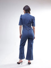Women Blue Washed Denim Button Down Jumpsuit