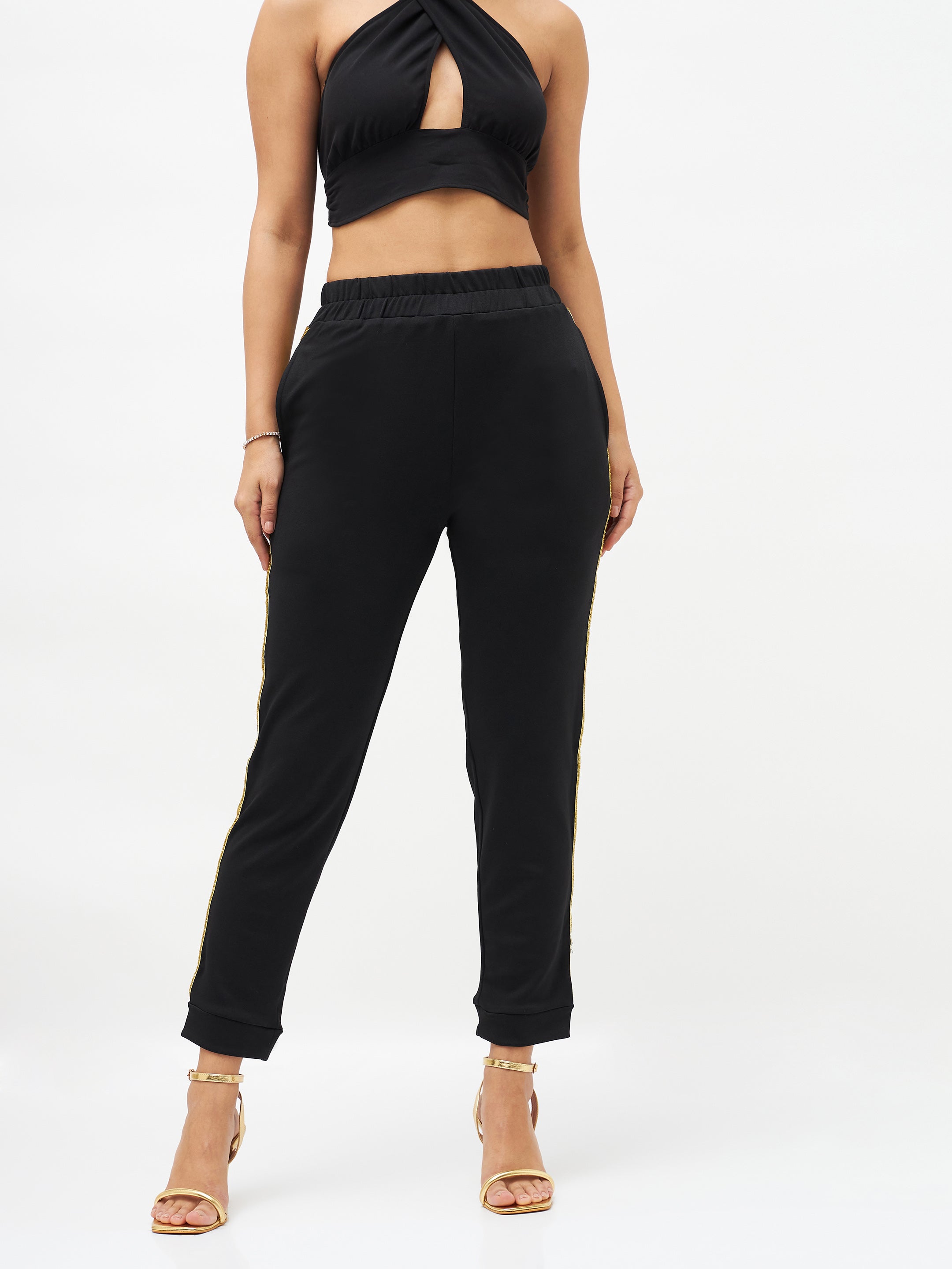 Women Black Side Tape Detail Jogger Pants-SFPANT50405