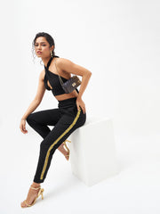 Women Black Side Tape Detail Jogger Pants-SFPANT50405