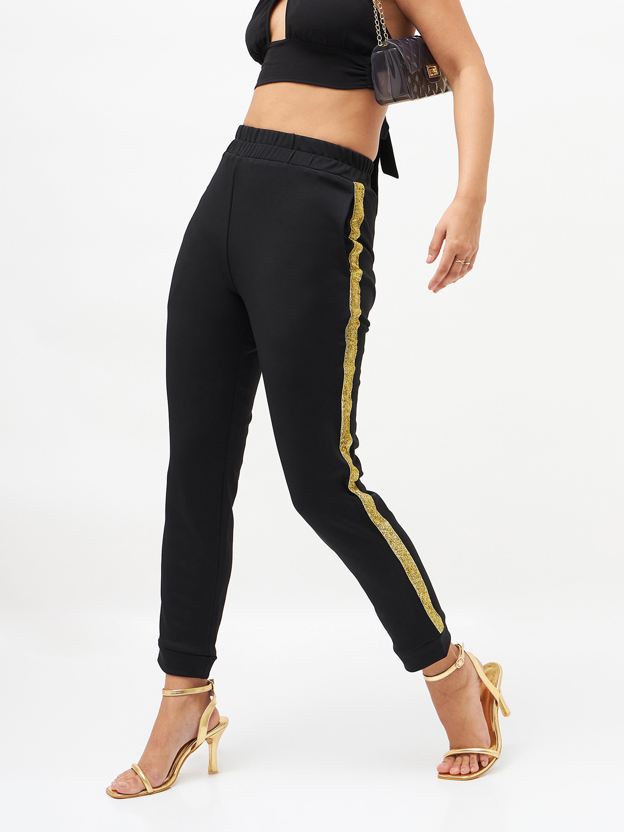 Women Black Side Tape Detail Jogger Pants-SFPANT50405