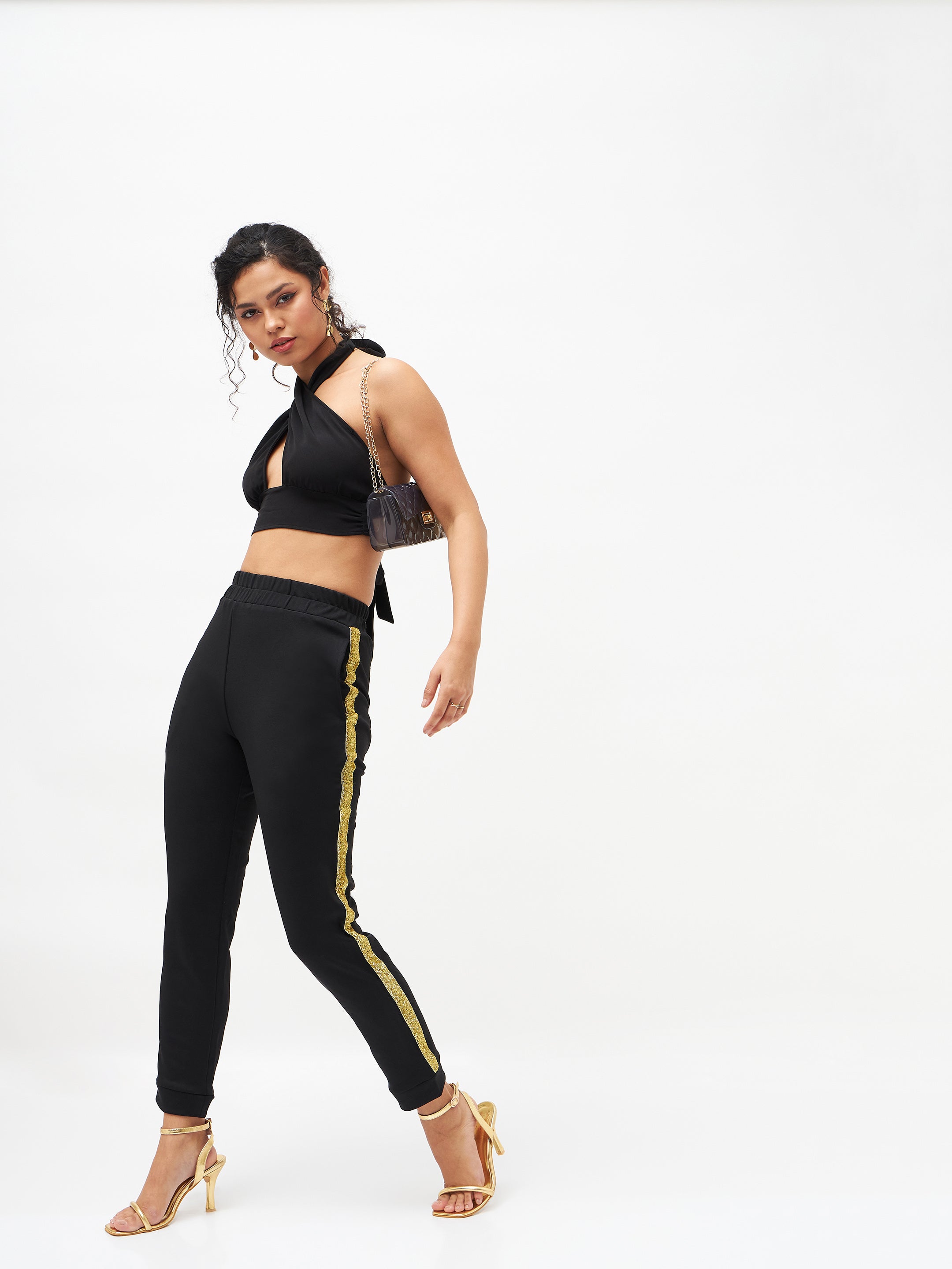 Women Black Side Tape Detail Jogger Pants-SFPANT50405