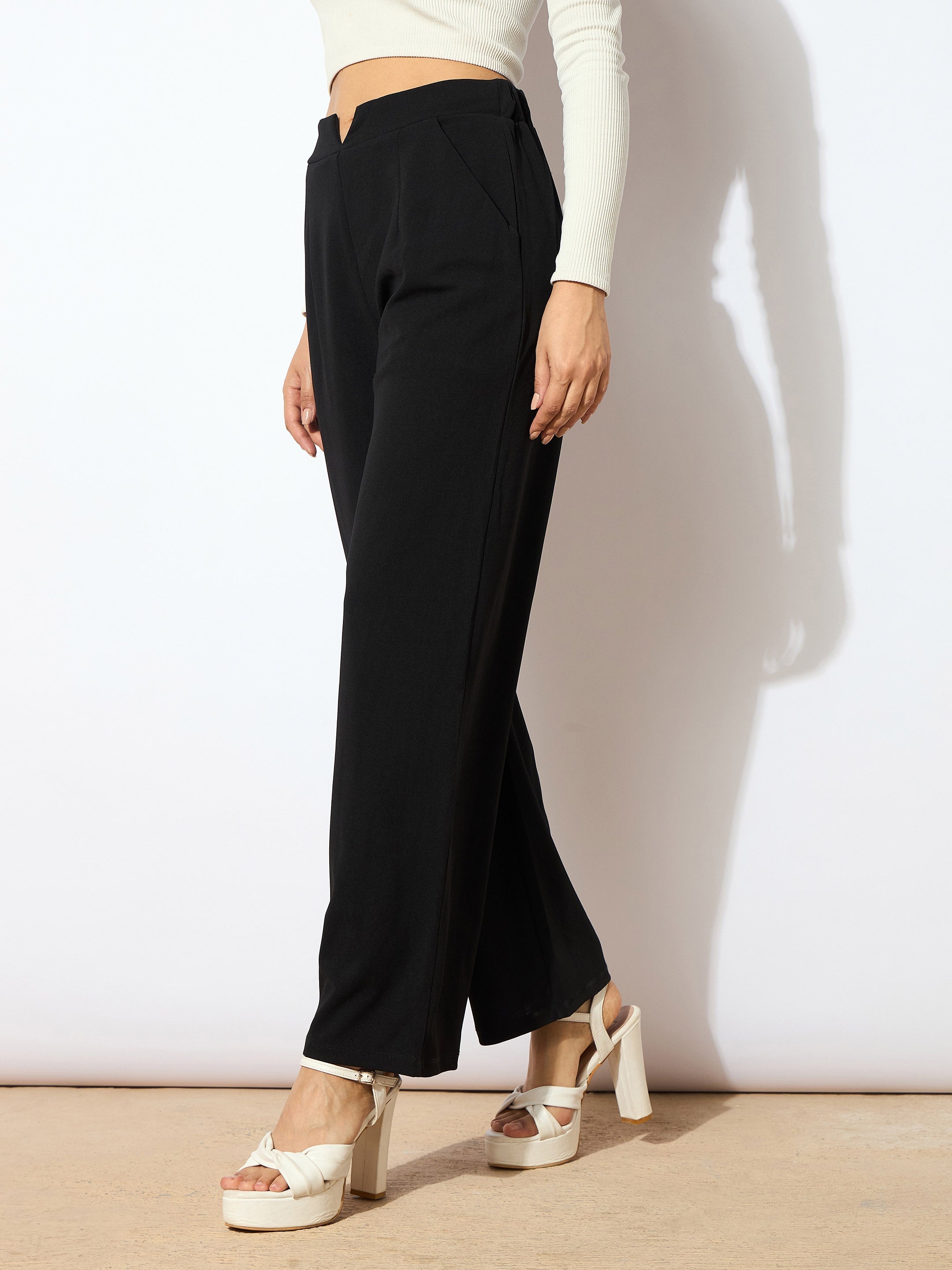 Women Black Wide Leg Trousers-SFPANT5041