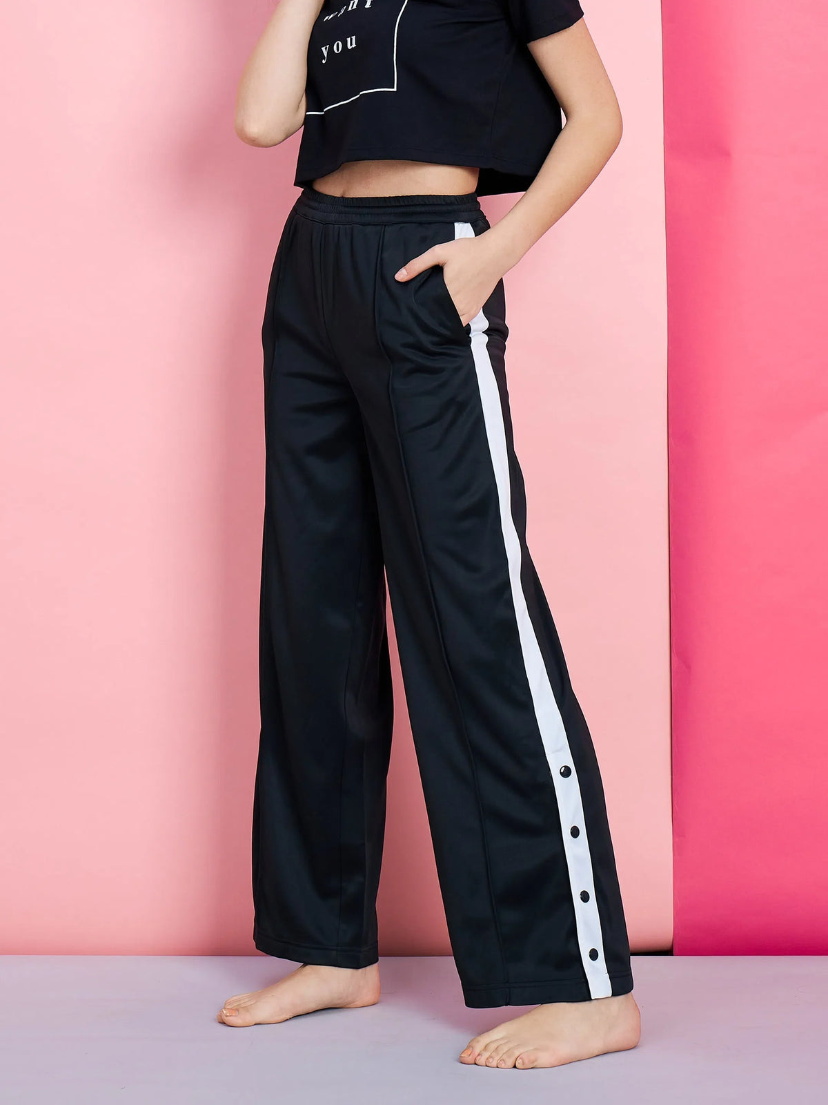 Women Black Side button Track Pants