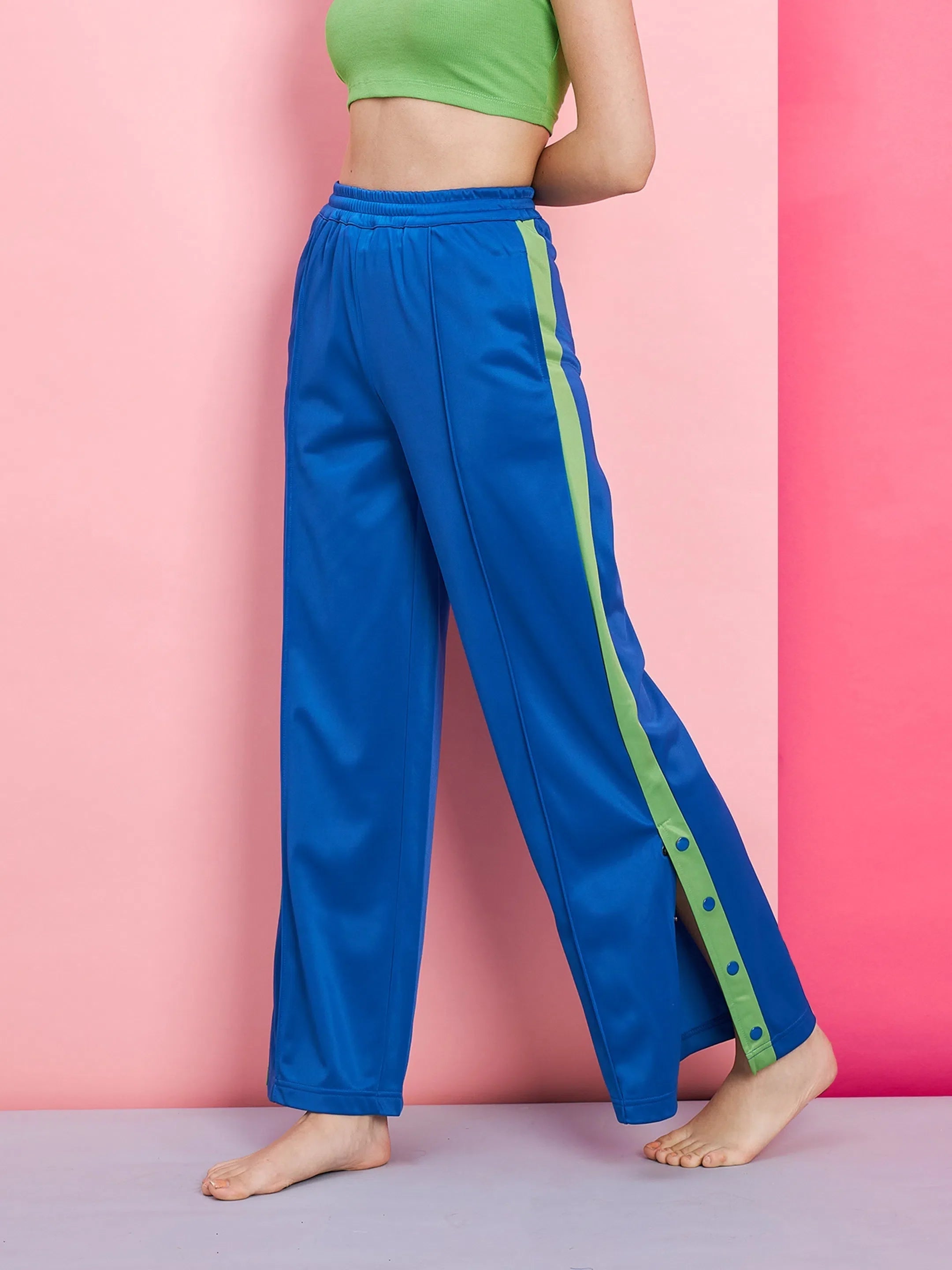 Women's Blue Side Button Detail Comfort Fit Track Pants