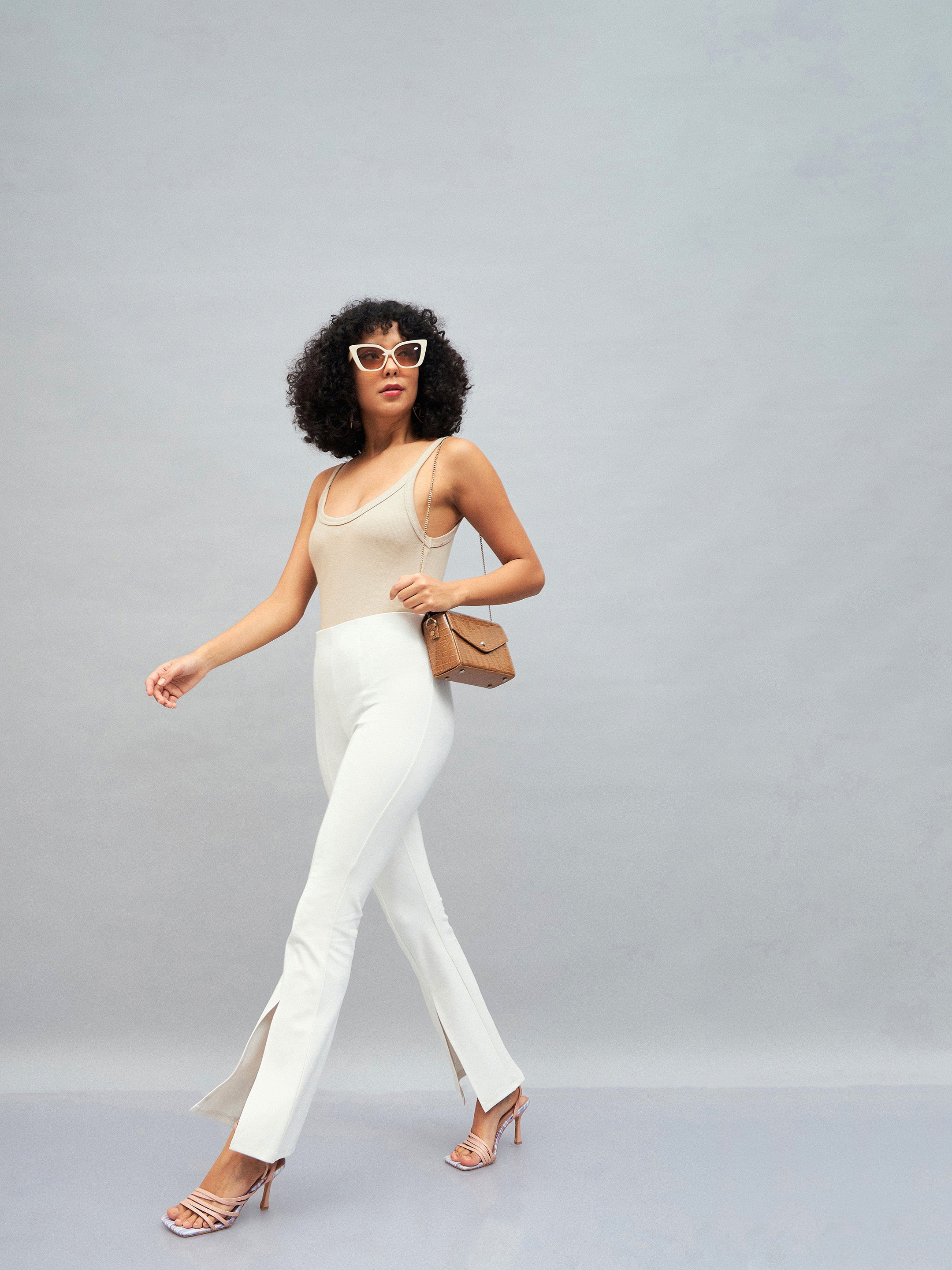 Women White Roma Front Slit Bell Bottom Pants-SFPANT50586