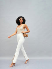 Women White Roma Front Slit Bell Bottom Pants-SFPANT50586