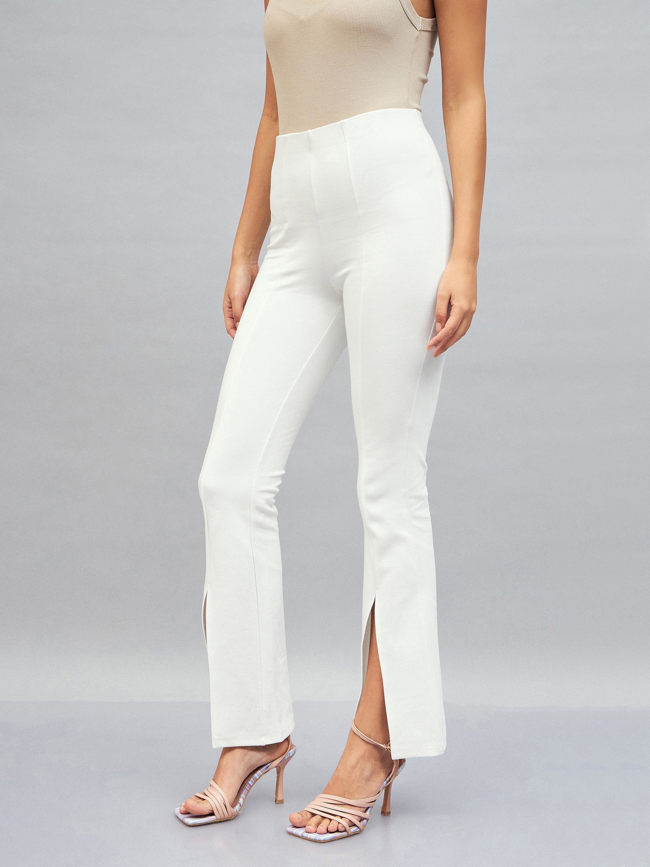 Women White Roma Front Slit Bell Bottom Pants-SFPANT50586