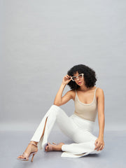 Women White Roma Front Slit Bell Bottom Pants-SFPANT50586