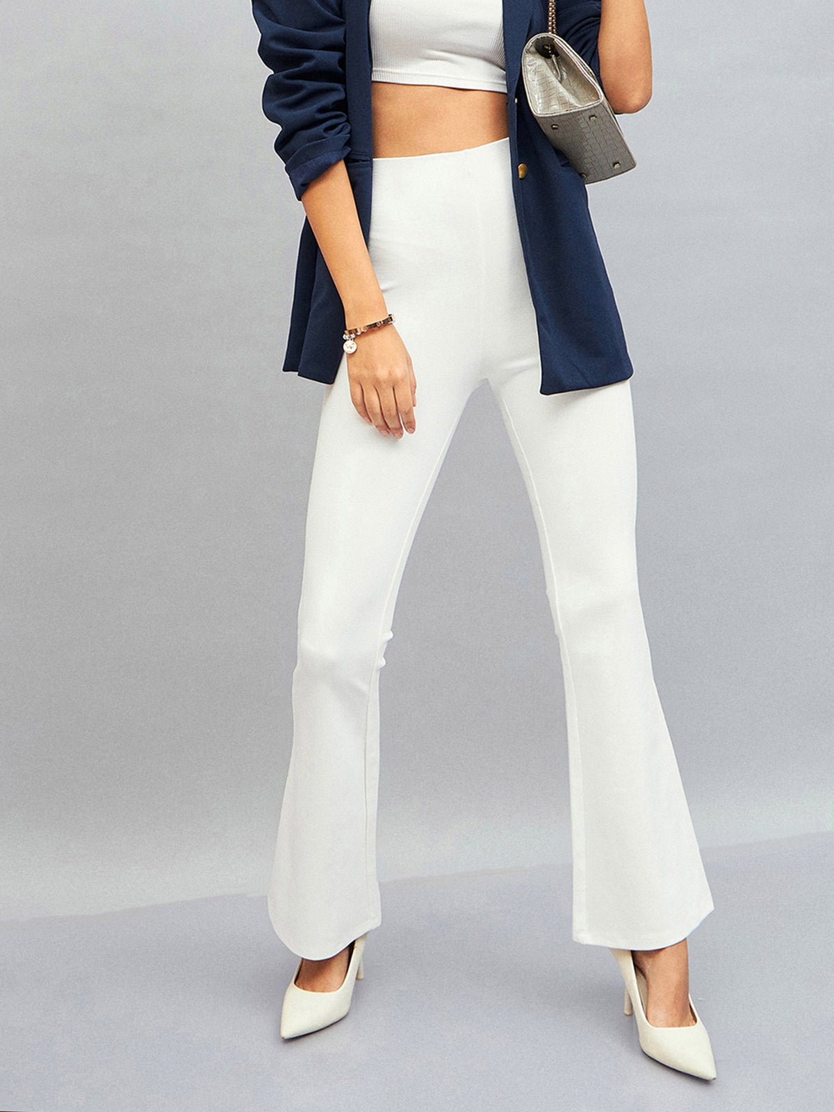 Women White Bell Bottom 4-Way Stretch Pants-SFPANT50589