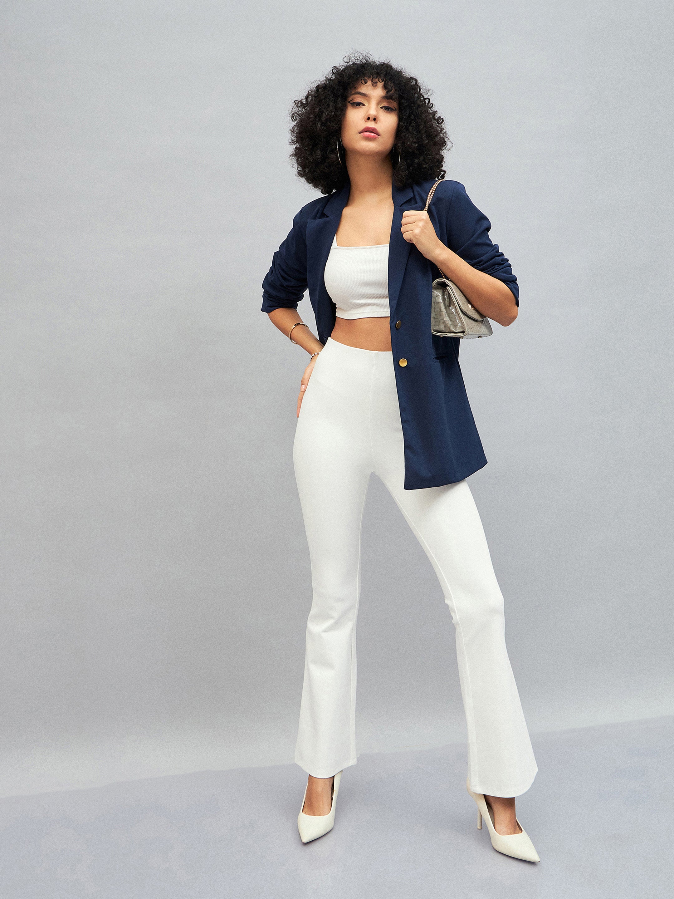 Women White Bell Bottom 4-Way Stretch Pants-SFPANT50589