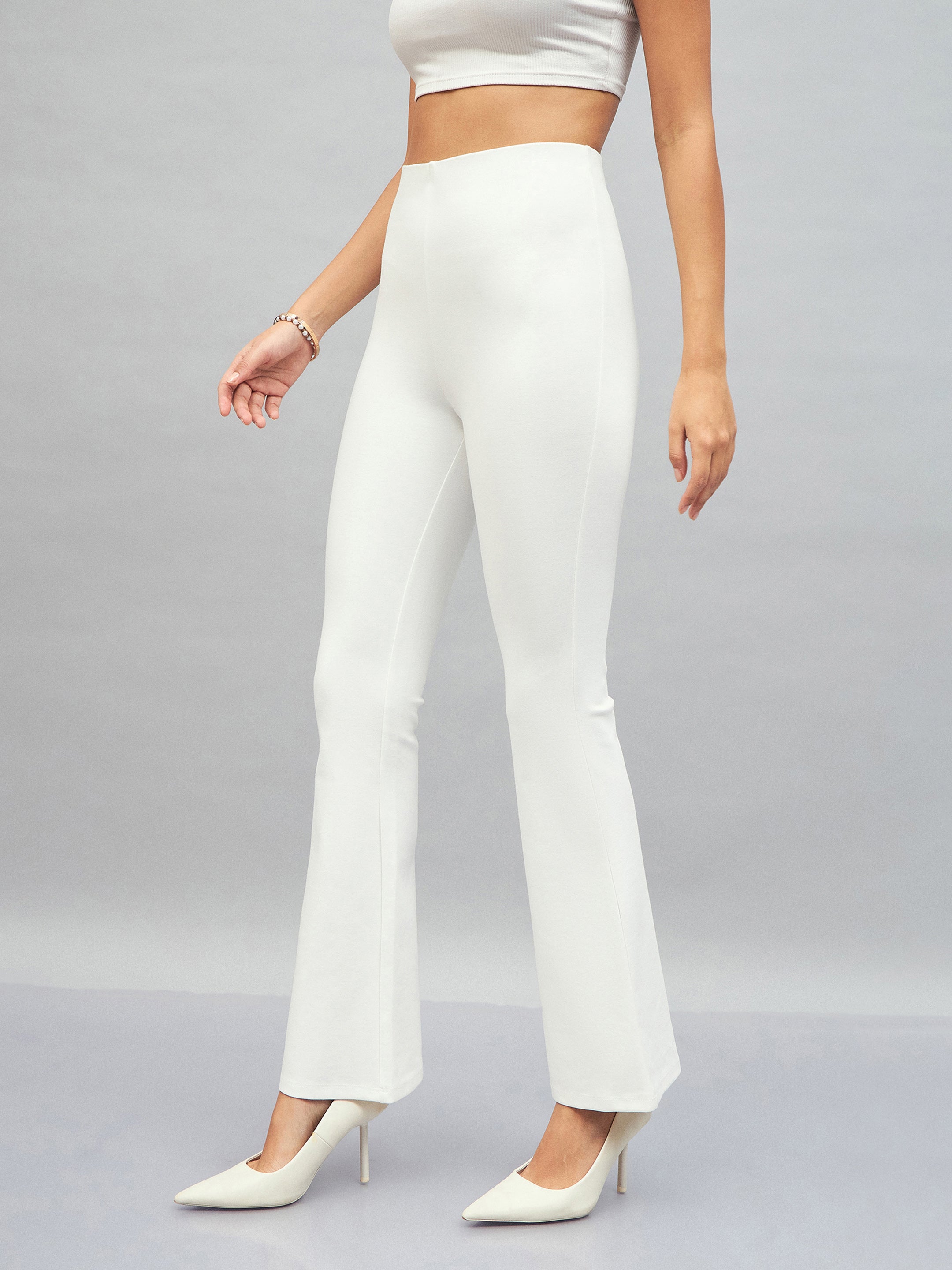 Women White Bell Bottom 4-Way Stretch Pants-SFPANT50589