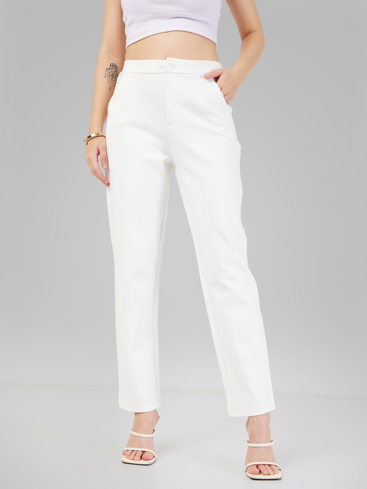 Women White Roma Tapered Pants-SFPANT50593