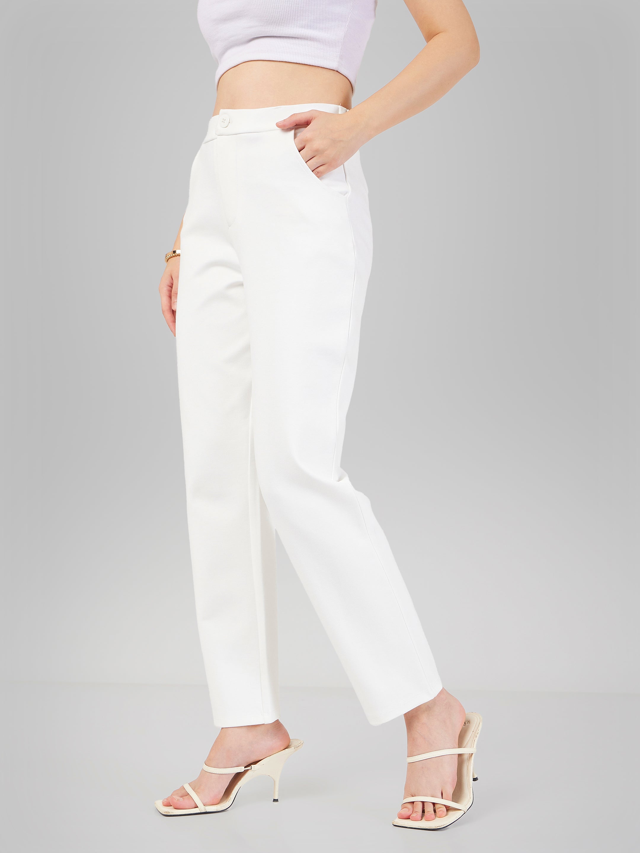Women White Roma Tapered Pants-SFPANT50593