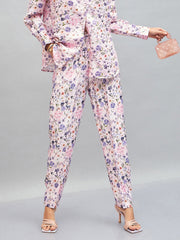 Women Pink Satin Floral Darted Pants-SFPANT50640