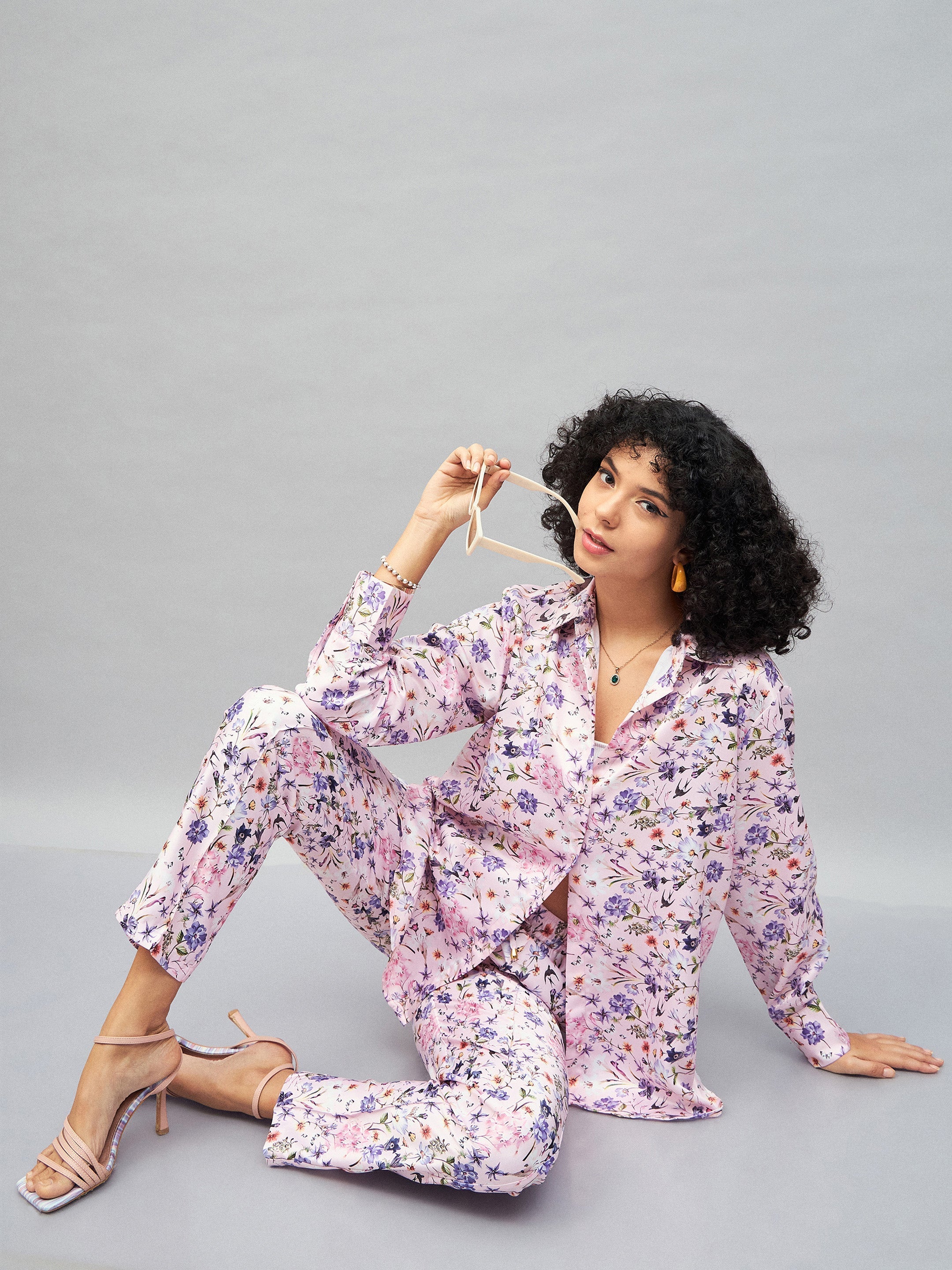 Women Pink Satin Floral Darted Pants-SFPANT50640