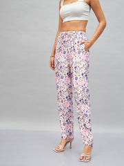 Women Pink Satin Floral Darted Pants-SFPANT50640