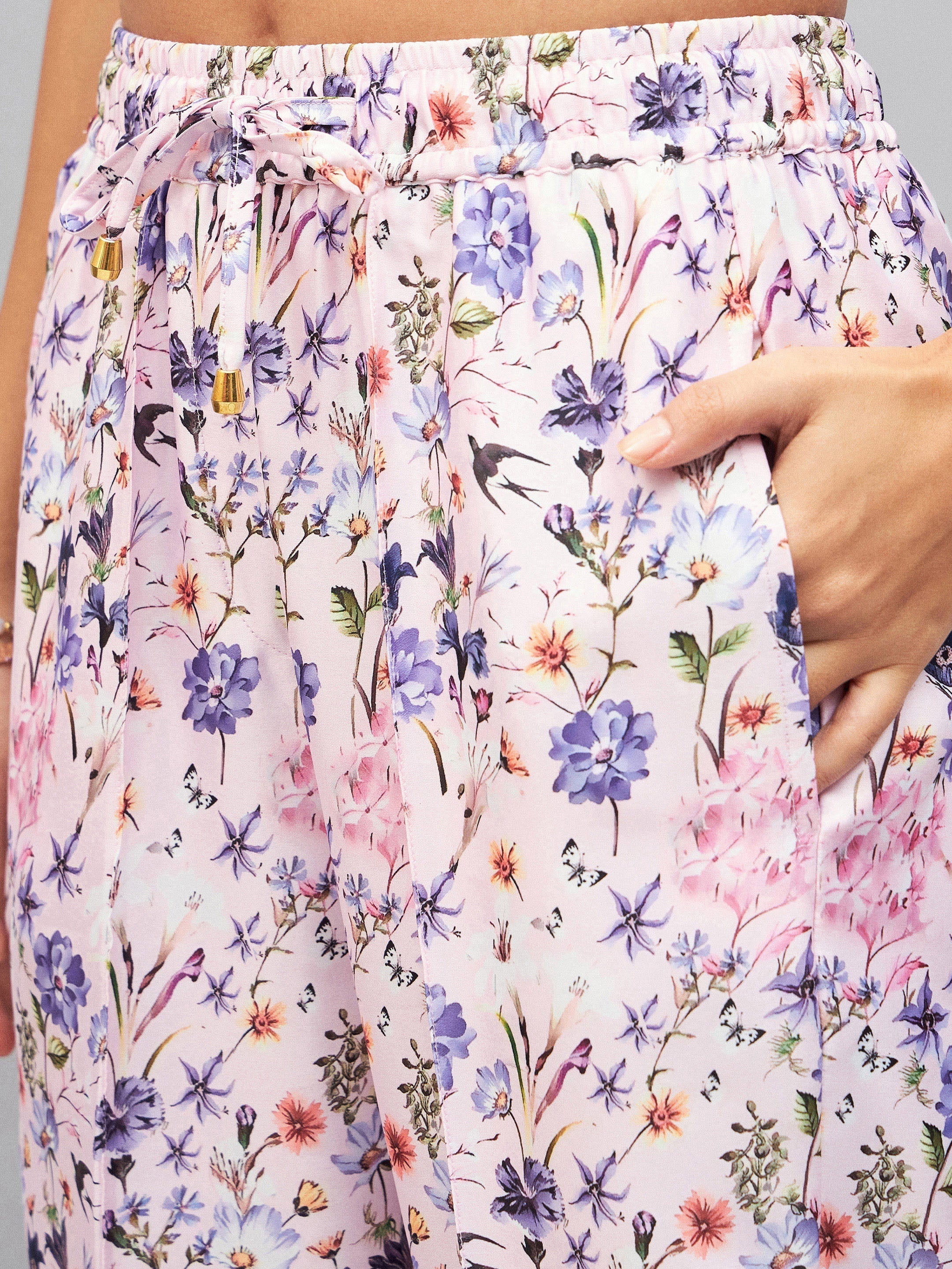 Women Pink Satin Floral Darted Pants-SFPANT50640