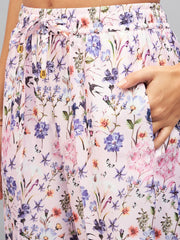 Women Pink Satin Floral Darted Pants-SFPANT50640