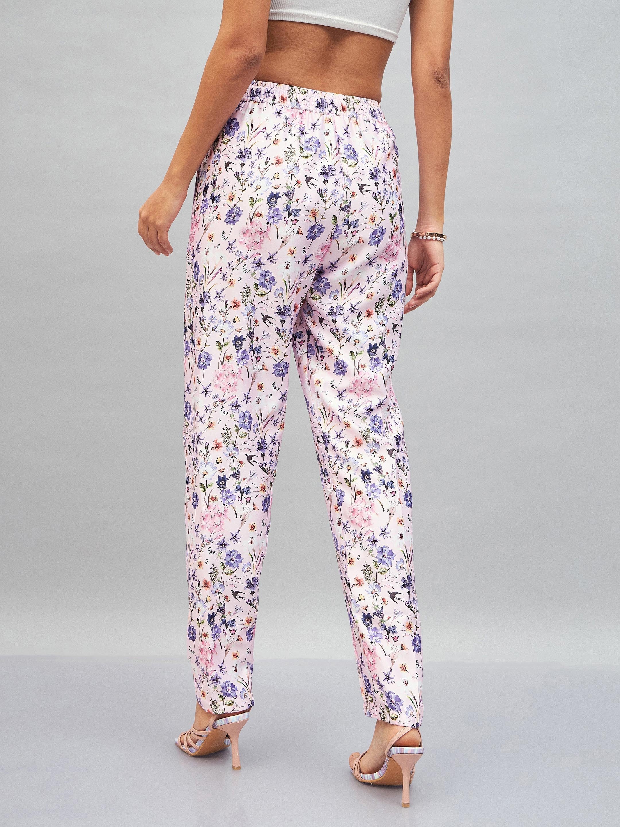 Women Pink Satin Floral Darted Pants-SFPANT50640