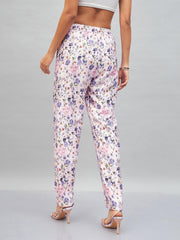 Women Pink Satin Floral Darted Pants-SFPANT50640