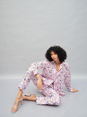 Women Pink Satin Floral Darted Pants-SFPANT50640