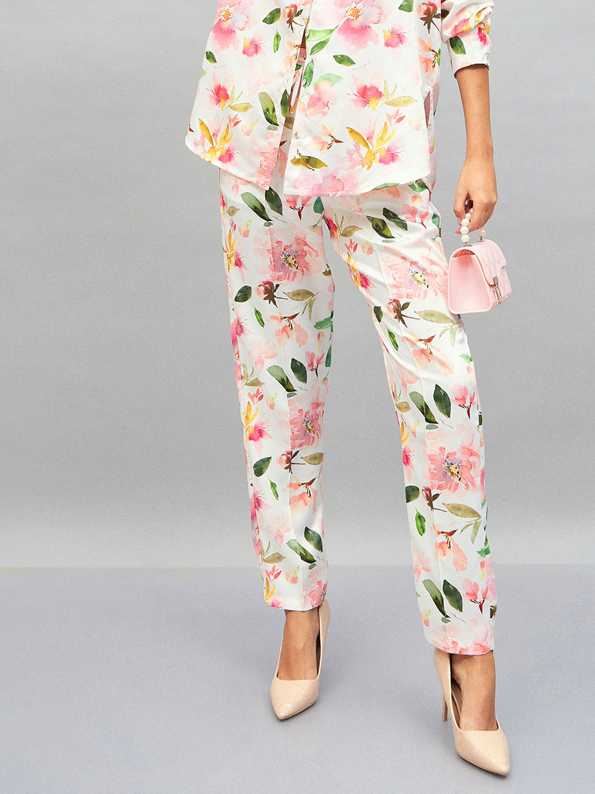 Women White Satin Floral Darted Pants-SFPANT50641