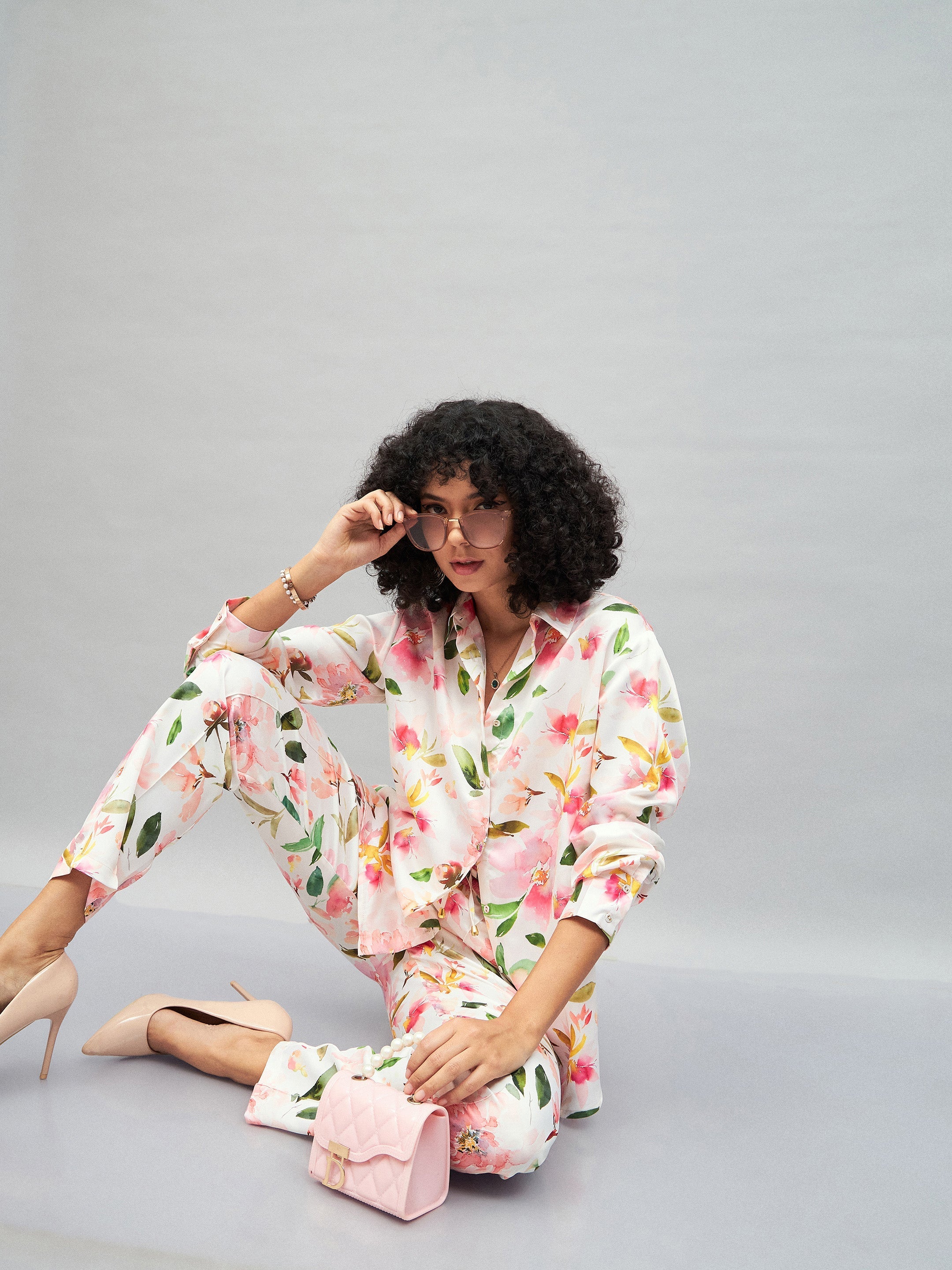 Women White Satin Floral Darted Pants-SFPANT50641