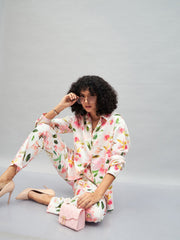 Women White Satin Floral Darted Pants-SFPANT50641
