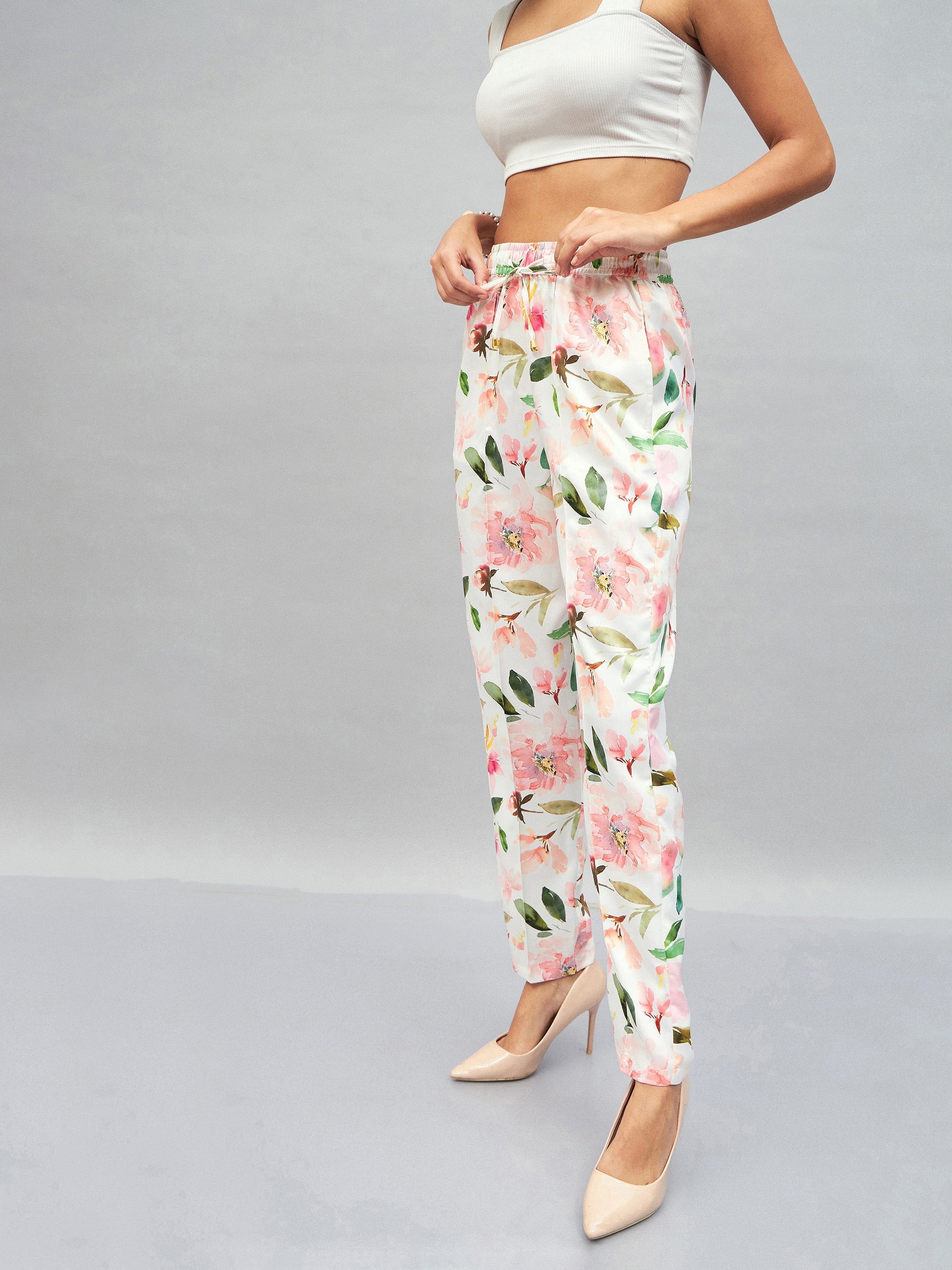 Women White Satin Floral Darted Pants-SFPANT50641