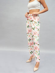 Women White Satin Floral Darted Pants-SFPANT50641