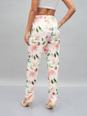 Women White Satin Floral Darted Pants-SFPANT50641